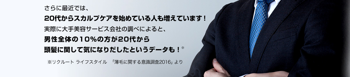 さらに最近では、20代からスカルプケアを始めている人も増えています！実際に大手美容サービス会社の調べによると、男性全体の10％の方が20代から頭髪に関して気になりだしたというデータも！※※リクルートライフスタイル「薄毛に関する意識調査2016」より