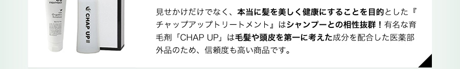 見せかけだけの手触りや香りだけでなく、本当に髪を美しく健康にすることを目的とした「チャップアップトリートメント」はシャンプーとの相性抜群！有名な育毛剤「CHAP　UP」は毛髪や頭皮を第一に考えた成分を配合した医薬部外品のため、信頼度も高い商品です。