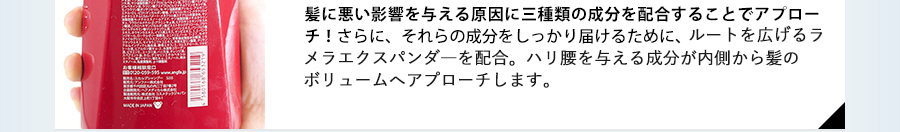 髪に悪い影響を与える悪玉男性ホルモンに、3種類の成分を配合することでアプローチ！さらに、それらの成分をしっかり届けるために、細胞間の浸透ルートを広げるラメラエクスパンダ―を配合。ハリコシを与える成分が内側から髪のボリュームへアプローチします。