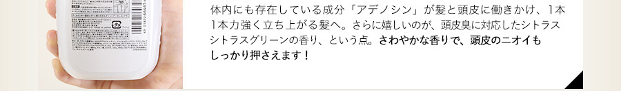 体内にも存在している成分「アデノシン」が髪と頭皮に働きかけ、1本1本力強く立ち上がる髪へと導いてくれます！さらに嬉しいのが、頭皮臭に対応したシトラスグリーンの香り、という点。さわやかな香りで、頭皮のニオイもしっかり抑えます！